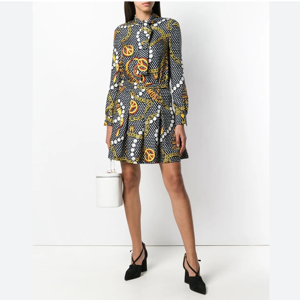 Moschino Vintage-Inspired Silk Dress – Polka Dot Chain Print, Size 34 IT / 38 FR